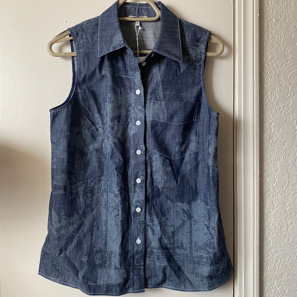 Lafayette 148 New York Sleeveless Shirt Shipyard Indigo Multi Print NWT